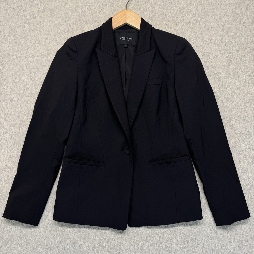 Lafayette 148 New York Black Wool Blend One Button Blazer Jacket Womens 2